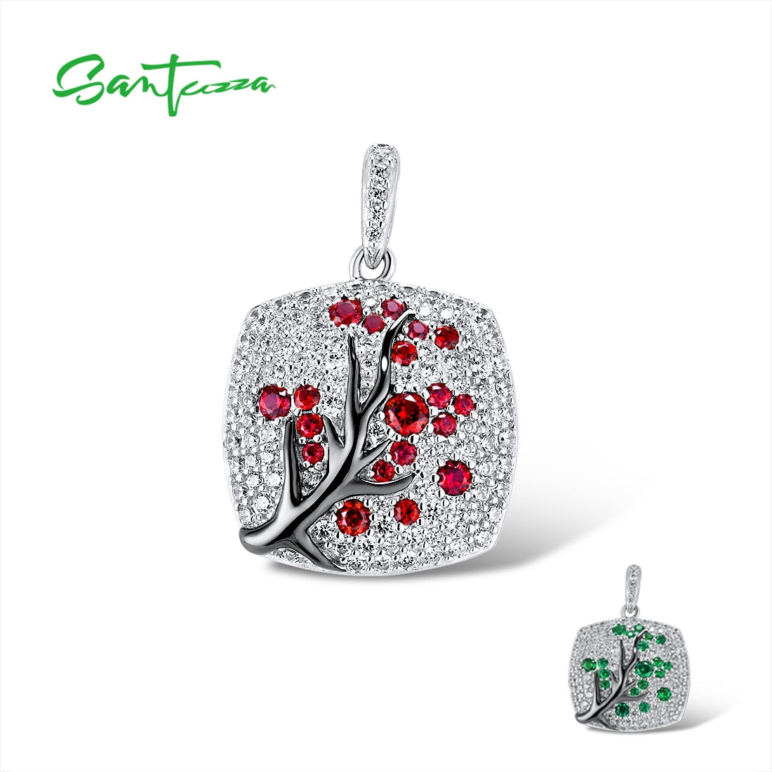 SANTUZZA 925 Sterling Silver Pendant For Women Sparkling Pink Green Cherry Tree Delicate Fashion подвеска кулон Fine Jewelry - Azbrowse