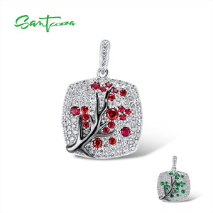 SANTUZZA 925 Sterling Silver Pendant For Women Sparkling Pink Green Cherry Tree Delicate Fashion подвеска кулон Fine Jewelry - Azbrowse