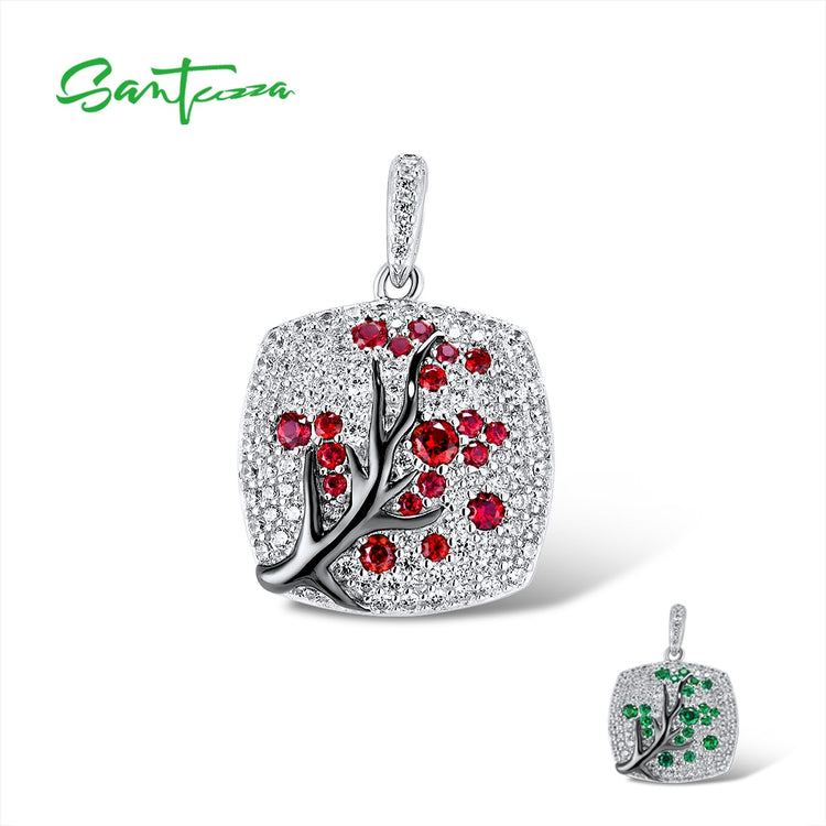 SANTUZZA 925 Sterling Silver Pendant For Women Sparkling Pink Green Cherry Tree Delicate Fashion подвеска кулон Fine Jewelry - Azbrowse