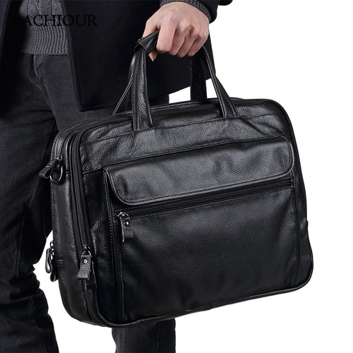 Large Men Leather Handbgs Male Genuine Leather Business Travel Brifcases Bag Men's 15.6 Inch Laptop Shoulder Bag Business A4 Bag - Azbrowse