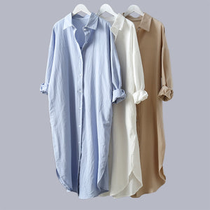 Cotton Women Blouse Shirt Dress Beach Vacation New Linen Cottons Casual Plus Size Womans Long Section Shirt White/Blue - Azbrowse
