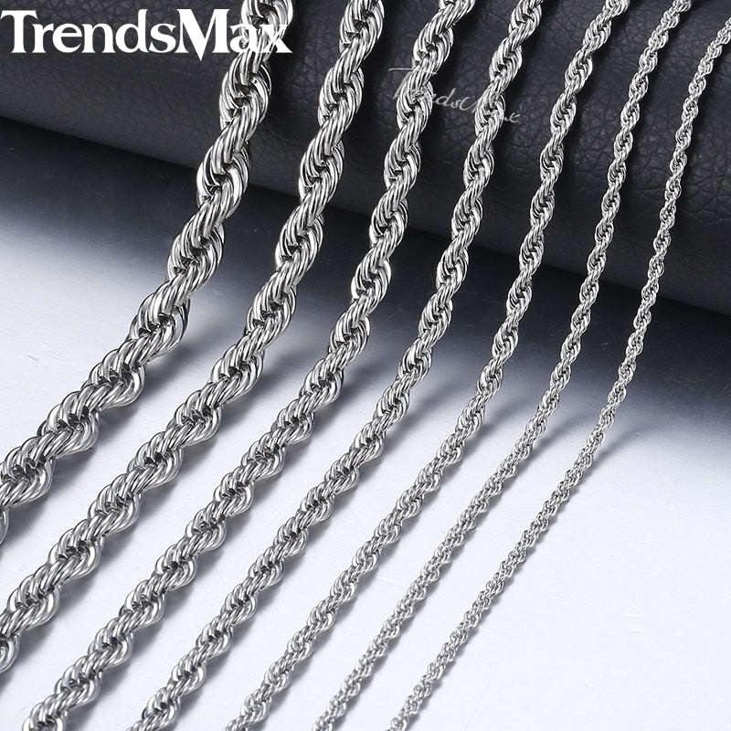 20-26inch Rope Chains Necklace For Men Women Silver Color Stainless Steel Necklace Men's Jewelry Wholesale KNM132 - Azbrowse