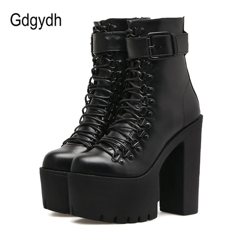 Gdgydh Fashion Motorcycle Boots Women Leather Spring Autumn Metal Buckle High Heels Shoes Zipper Black Ankle Boots Woman Lacing - Azbrowse
