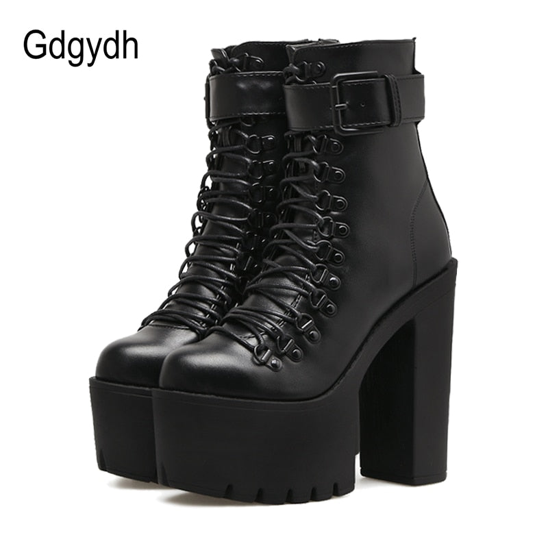 Gdgydh Fashion Motorcycle Boots Women Leather Spring Autumn Metal Buckle High Heels Shoes Zipper Black Ankle Boots Woman Lacing - Azbrowse