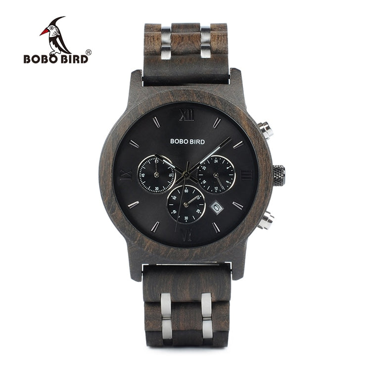 BOBO BIRD P19 Wooden Mens Quartz Watches Date Display Business Watch Man Ebony Zebrawood Options Valentines Christmas Gift - Azbrowse