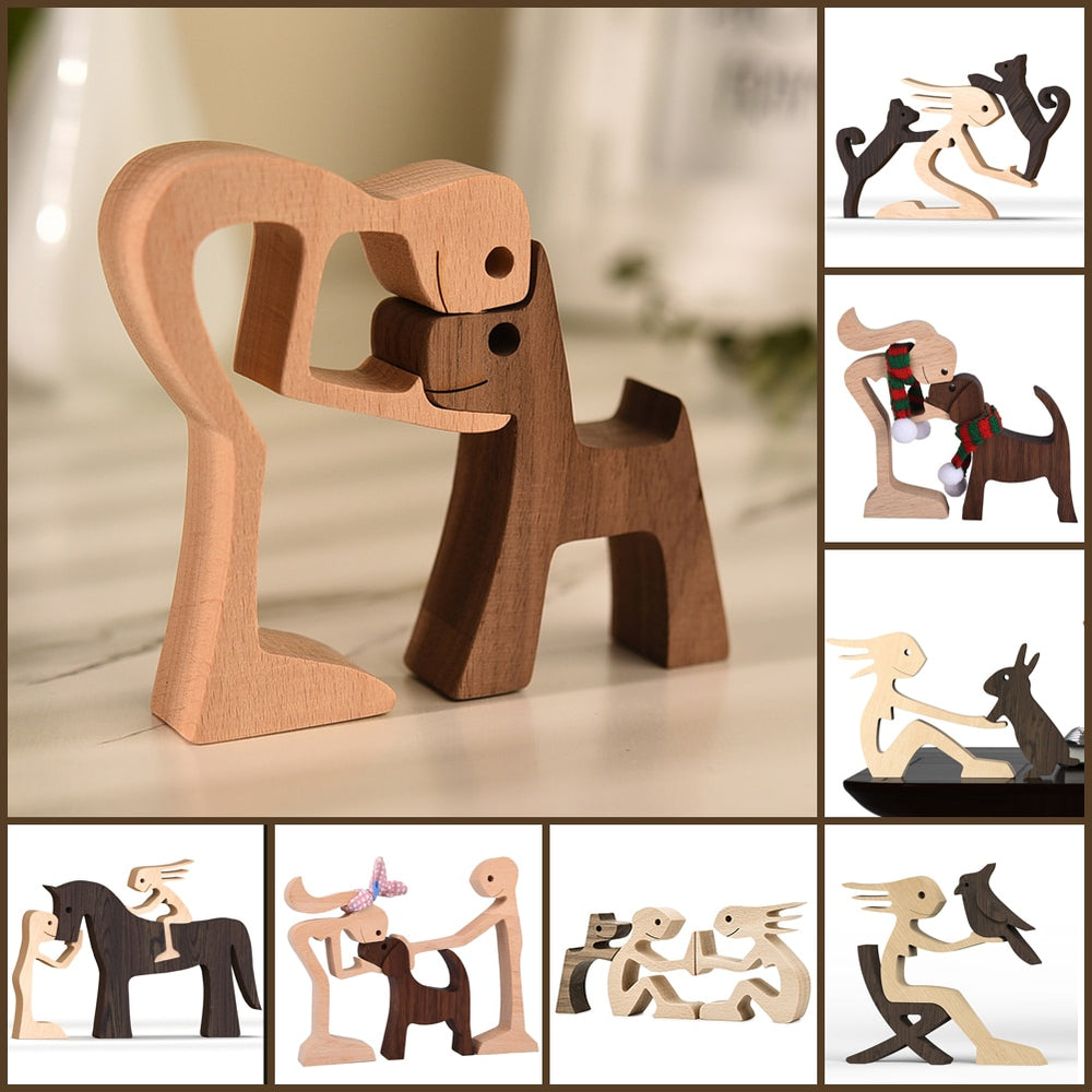 Family Puppy Wood Dog Craft Figurine Desktop Table Ornament Carving Model Home Office Decoration Pet Sculpture Christmas Gift - Azbrowse