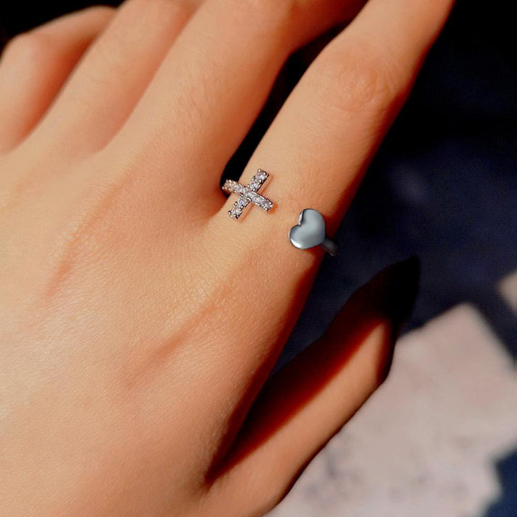 1PC Silver Color Alloy Rhinestone Cross Ring Geometric Heart Adjustable Opening Rings For Women Fashion Jewelry Gift - Azbrowse
