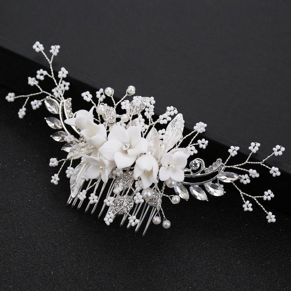 White Flower Rhinestone Pearl Hair Comb Bridal Hair Accessories Elegant Wedding Hair Comb Women Head Ornaments Headband - Azbrowse