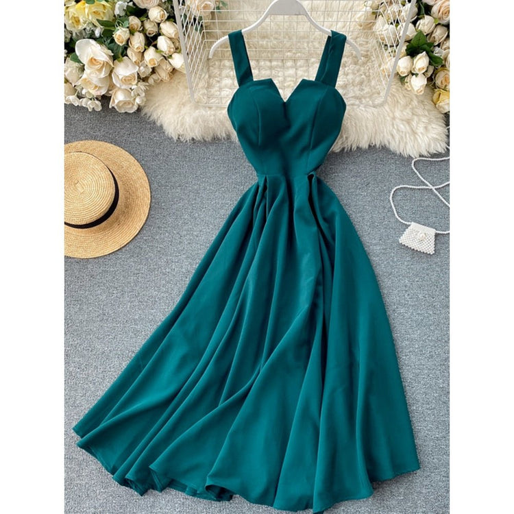 FMFSSOM 2022 Summer V-neck Sexy Open Back Red Dress Women Knee-length Bohemian Style  Solid Spaghetti Strap Party Clothing - Azbrowse