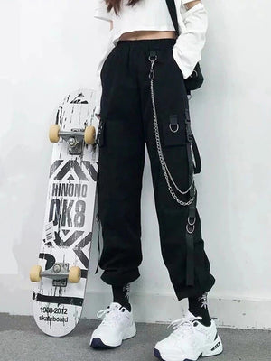 Women Cargo Pants  Harem Pants Fashion Punk Pockets Jogger Trousers With Chain Harajuku Elastics High Waist Streetwear - Azbrowse