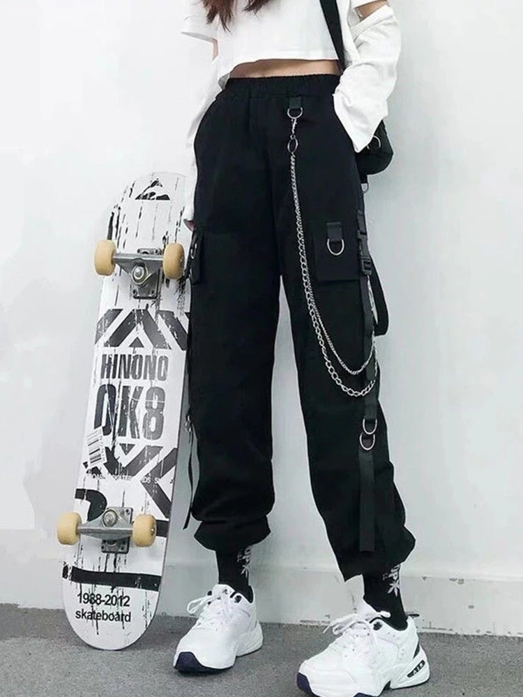 Women Cargo Pants  Harem Pants Fashion Punk Pockets Jogger Trousers With Chain Harajuku Elastics High Waist Streetwear - Azbrowse