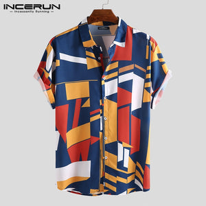 INCERUN Summer Men Beach Shirt Geometric Print Short Sleeve Lapel Neck Button Leisure Hawaiian Shirts Men 2023 Streetwear S-5XL - Azbrowse