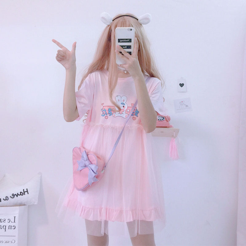 Summer Lolita Tulle Dresses 2022 Women Kawaii Bunny Cute Girl Anime Short Sleeve Pink White Casual T Shirt Dress Female Clothing - Azbrowse