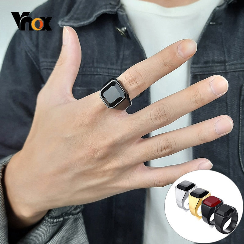 Vnox Fashion Men’s Square Black Carnelian Semi-Precious Stone Signet Rings in Black Gold Color Stainless Steel Male Jewelry - Azbrowse