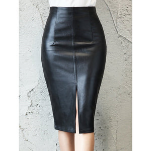 Aachoae Black PU Leather Skirt Women 2022 New Midi Sexy High Waist Bodycon Split Skirt Office Pencil Skirt Knee Length - Azbrowse