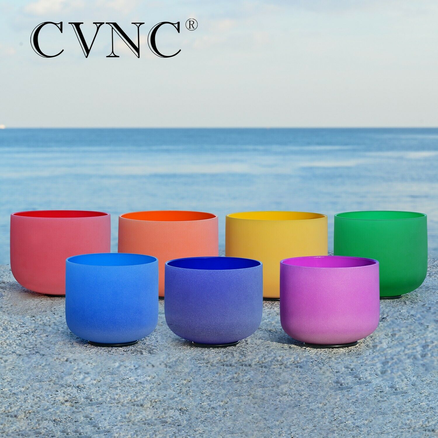 CVNC Full Color 1pc 8" C/D/E/F/G/A/B Note Frosted Quartz Crystal Singing Bowl for Meditation Sound Healing with Free Mallet