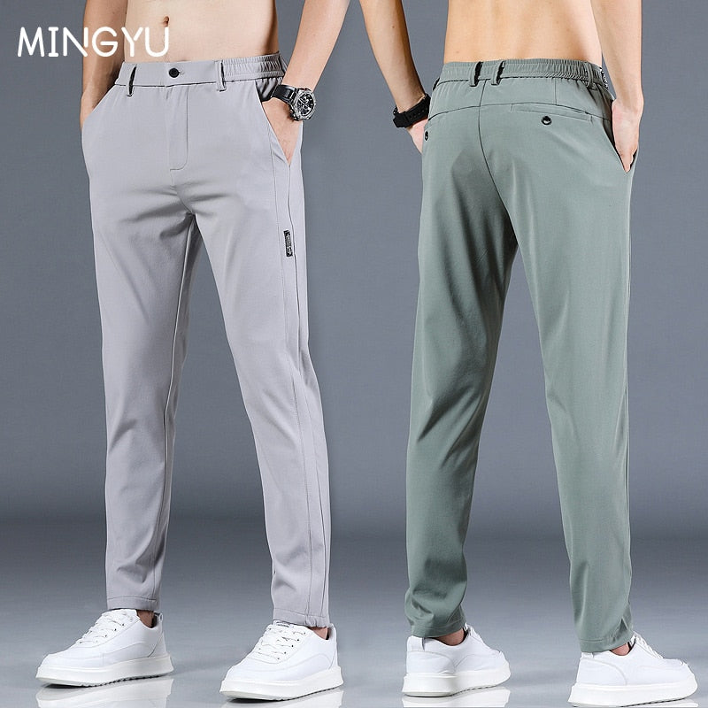 Mingyu Brand Summer Men's Casual Pants Men Trousers Male Pant Slim Fit Work Elastic Waist Black Green Grey Light Trousers 28-38 - Azbrowse