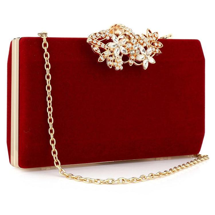 European fashion Noble Lady Rhinestone Evening Clutch Tote Bag Burgundy Black Gold Solid Women Shoulder Chain Suede Surface - Azbrowse