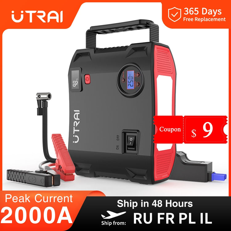 UTRAI 4 In 1 2000A Jump Starter Power Bank 16000mAh 150PSI Air Compressor Tire Pump Portable Charger Car Booster Starting Device - Azbrowse