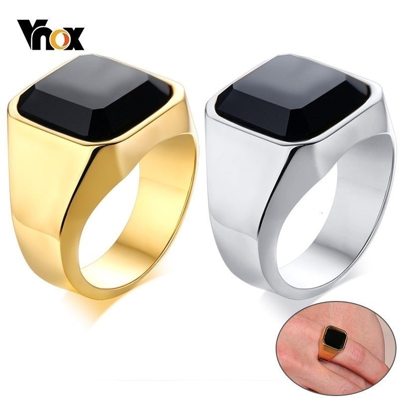 Vnox Stylish Men&#39;s Signet Pinky Ring Gold Color Stainless Steel Black Stone anel masculino Male Accessory - Azbrowse