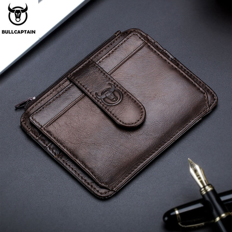 BULLCAPTAIN Genuine Leather RFID Blocking Zipper Card Holder Credit Cart Wallet Mini Slim Wallet Card & Id Holders Man Business - Azbrowse